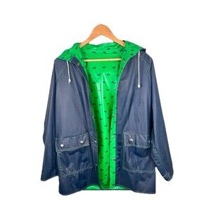 Vintage 70s/80s Women's Reversible Raincoat Blue Green Ducks Slicker Hood Size M